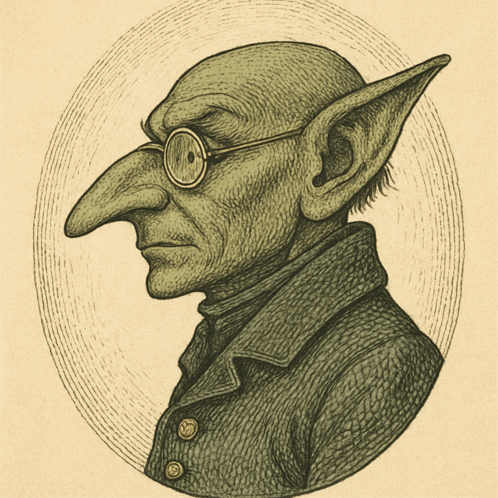 The Goblin in profile, wearing a brass monocle