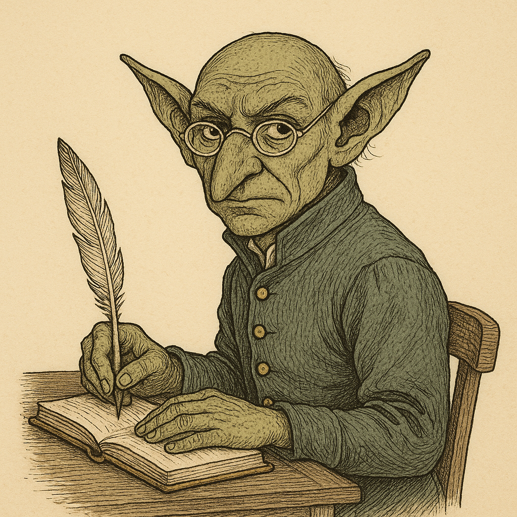 The Goblin at his writing desk, looking up from his ledger to meet your eye