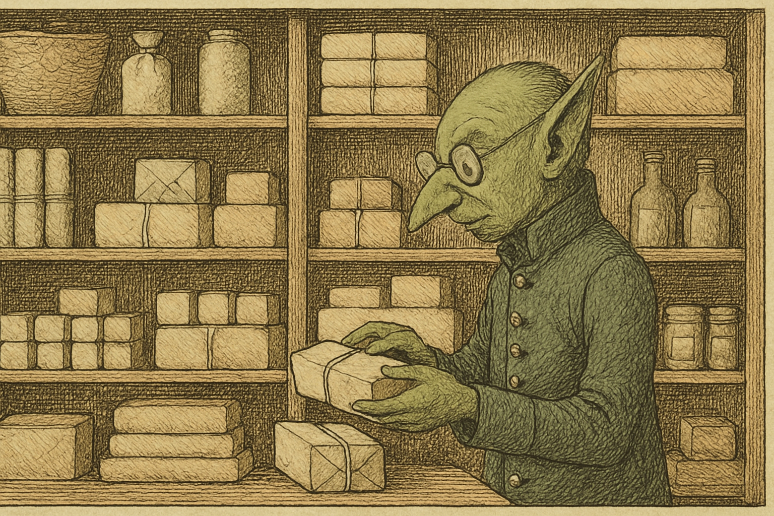The Goblin, arranging the shelves.