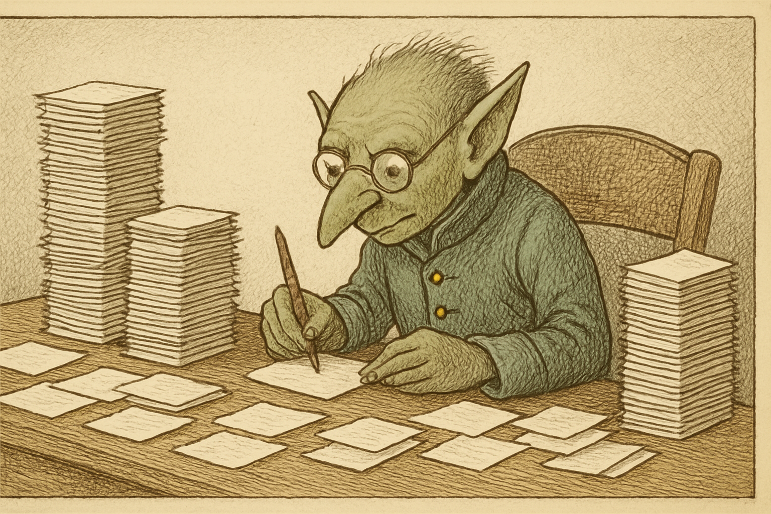 The Goblin, sorting his slips.
