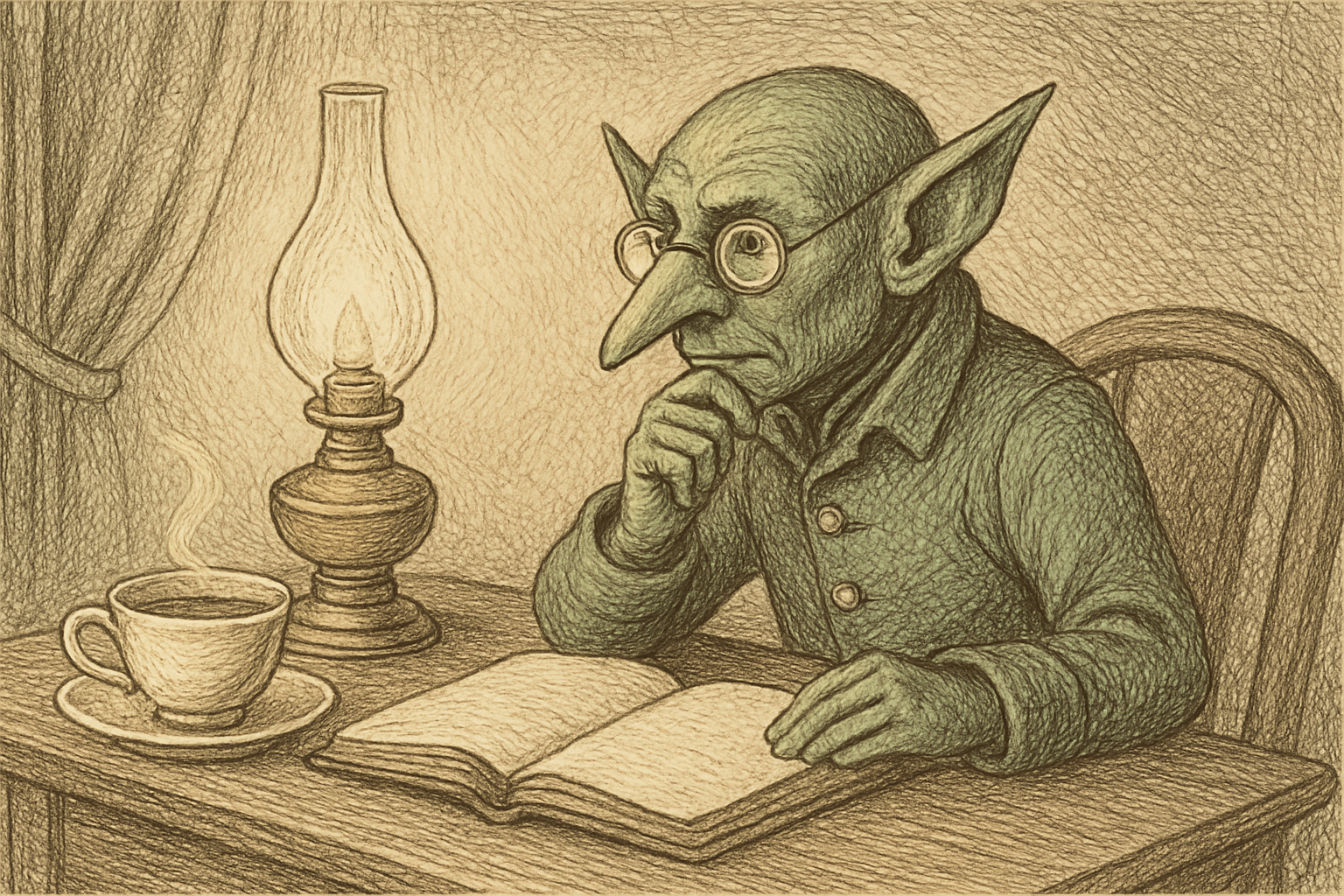The Goblin, considering an empty journal.