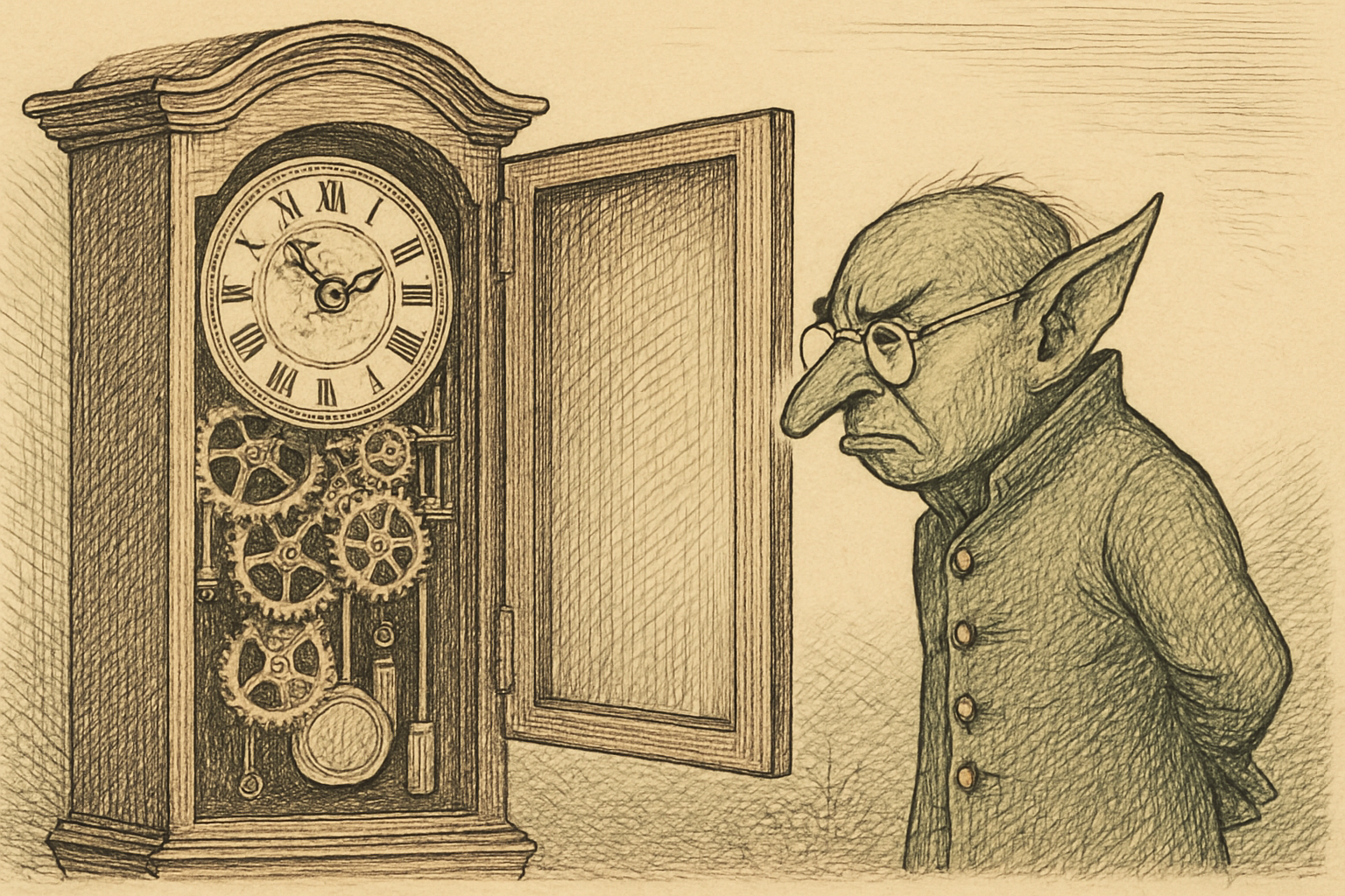 The Goblin, examining a clock.