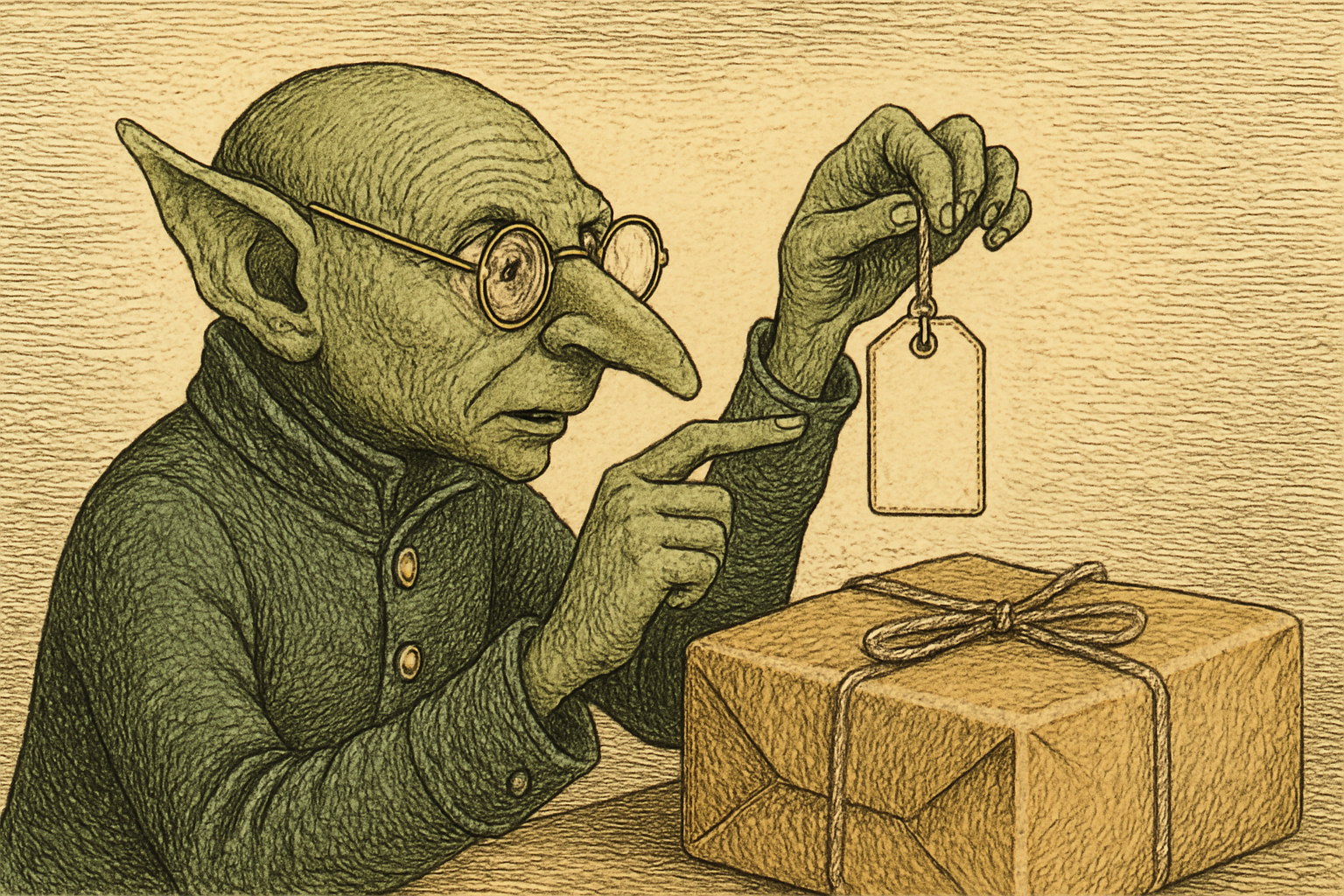 The Goblin, inspecting a label.